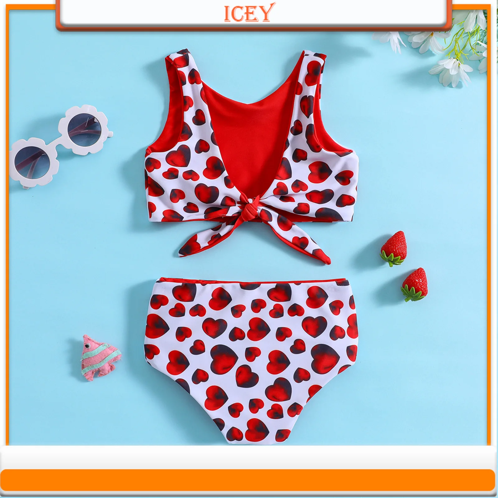 Girls and Baby Girls Wearing Cute Flower Print 2-piece Bikini Swimsuit Set on Both Sides Two-Piece Suits