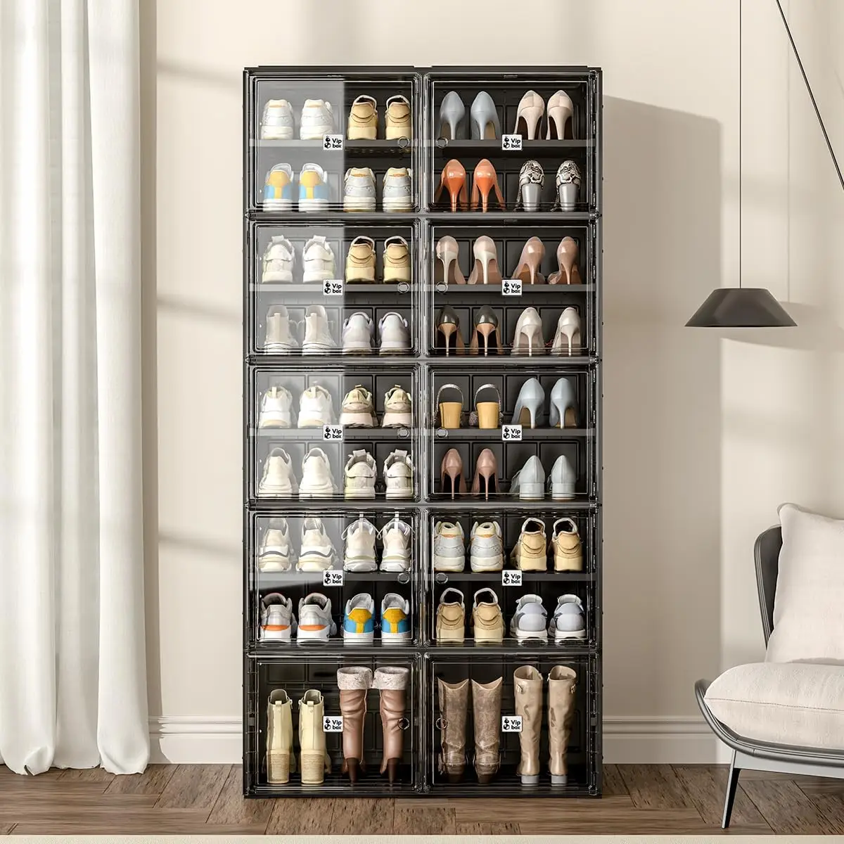 Black Shoe Rack Organizer Cabinet For Closet Entryway,Clear Shoe Storage Boxes Stackable Sneaker Storage With Door Easy