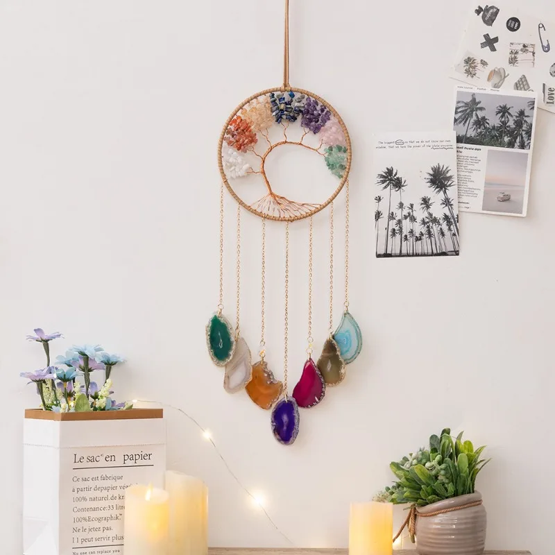 Natural Crystal Crushed Stone Colorful Agate Slices Tree of Life Large Circle Wind Chime Wall Handmade Pendant