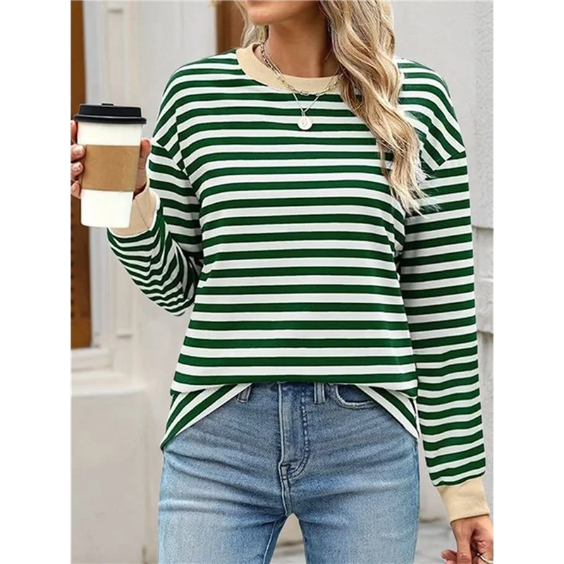 Damskie tuniki z długim rękawem, koszule w paski, bluzki z okrągłym dekoltem