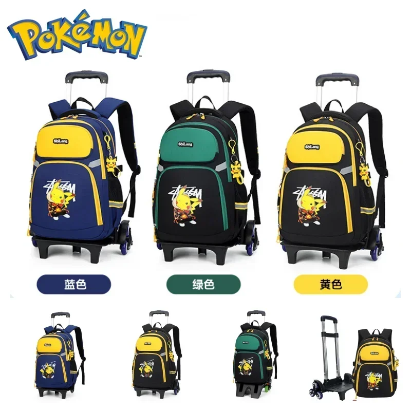 MINISO Pokemon Pikachu Kids Boys School Bag TwoWheel Six- Wheel Trolley Backpack Student Insulatedtrolley Bag