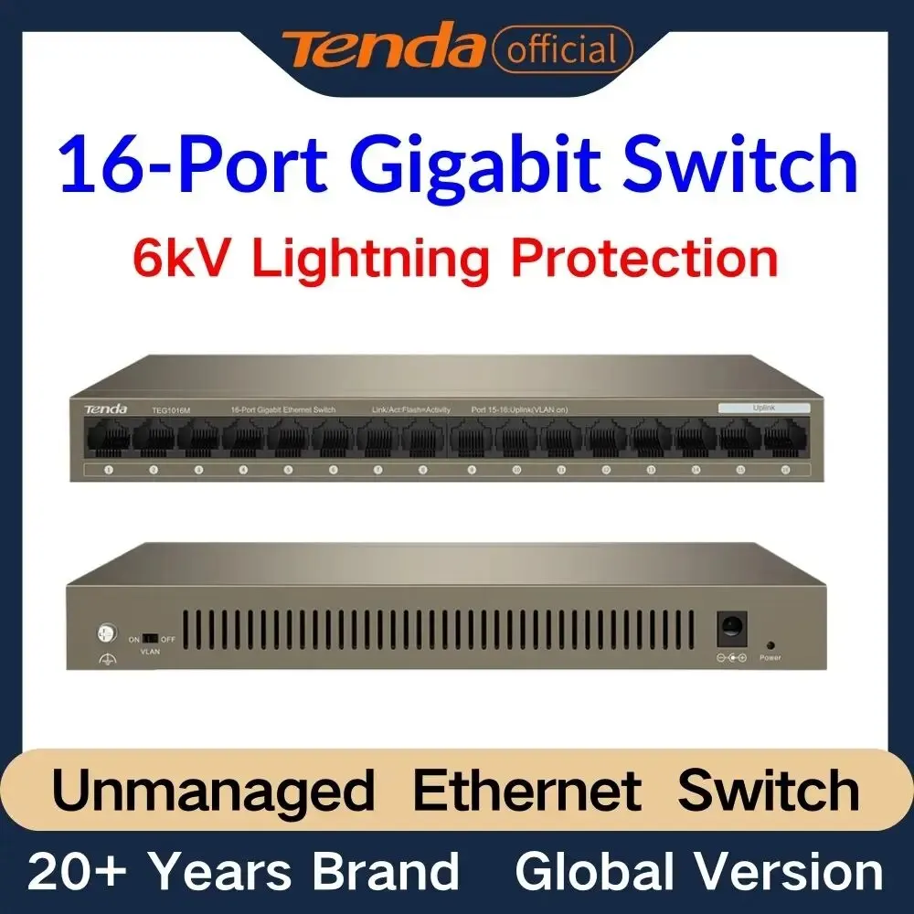 Tenda TEG1016M 16 Port Gigabit Ethernet Switch Unmanaged Network Switch Hub Traffic Optimization Plug and Play FanLess Metal