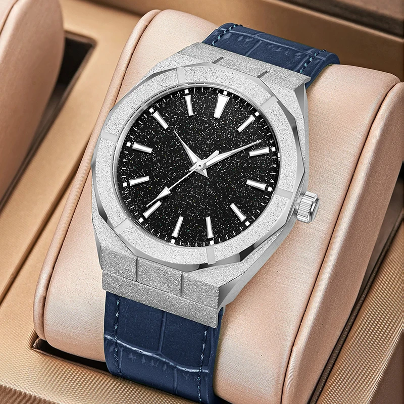 PINTIME Fashion Matte Style Quartz Watches For Men Frosted Star Dust Dial Bling Leather Strap Waterproof High-end Wristwatch