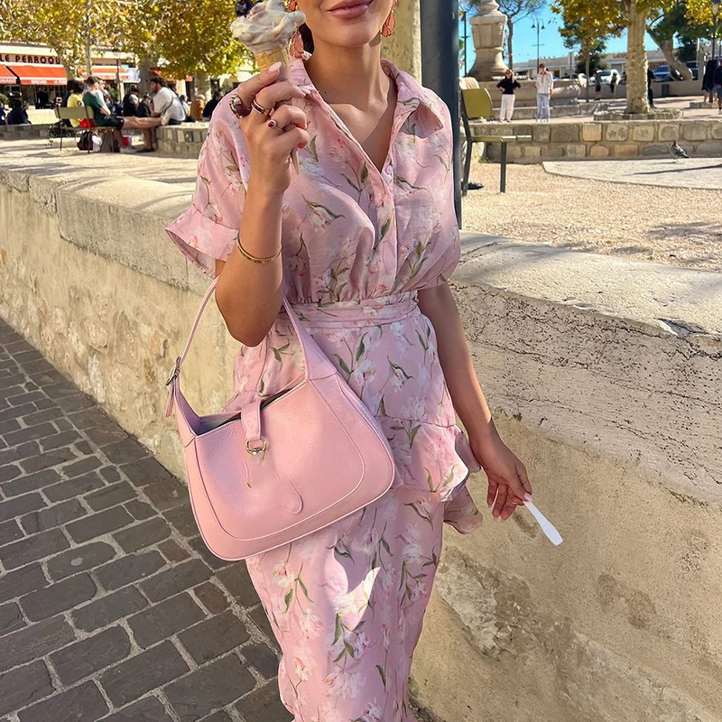 Abito da festa irregolare con bottoni alla moda da donna Elegante abito a camicia con volant con risvolto con stampa floreale Abito lungo casual a maniche corte con orlo sottile