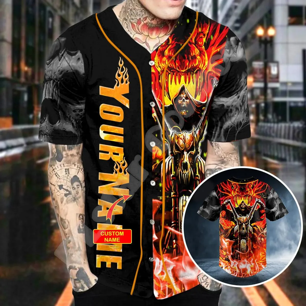 

NewFashion Custom Name Skull Grim Reaper Ghost Tattoo Retro 3DPrint Harajuku Summer Funny Baseball Shirts Jersey Short Sleeves W