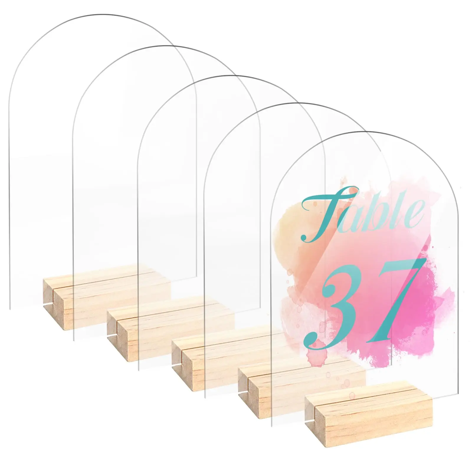 Blank Clear Arch Acrylic Sign with Wooden Stands,Arched Round Top Acrylic Sheet,DIY Acrylic Arch Table Numbers for DIY Name Card