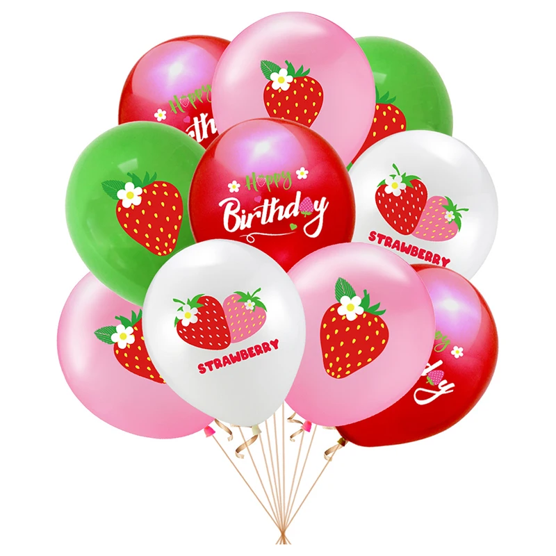 1set Strawberry Happy Birthday Cake Flags Strawberry Banner Cupcake Topper Fruit Sweety Party Cake Baking Decor DIY Balloons