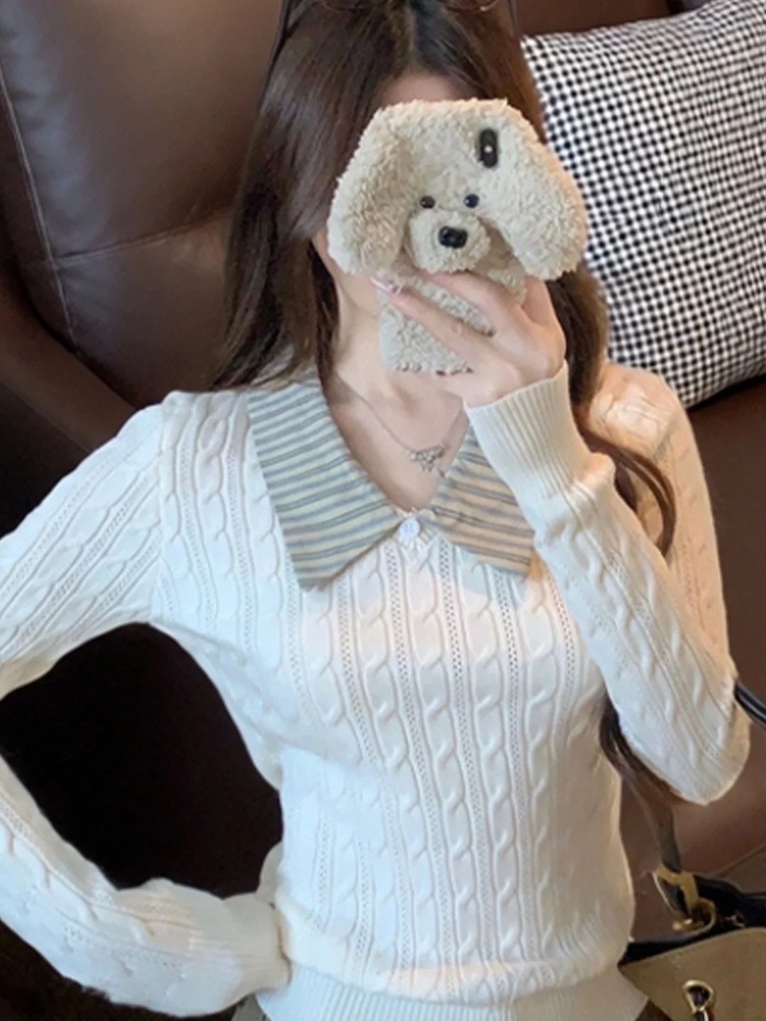 

Korean Style Sweet Splice Stripe Knitted Sweater Women's Autumn Winter Slimming Versatile Long Sleeve High Collar Top