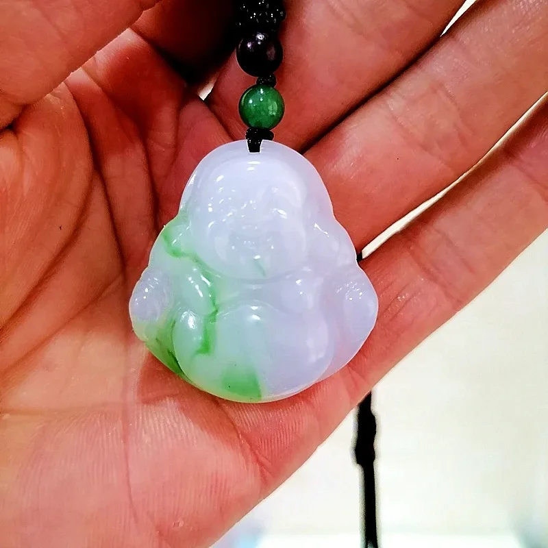 Natural Emerald Green Hand Carved Big Belly Buddha Jade Pendant Boutique Jewelry Men's and Women's Laughing Buddha Necklace