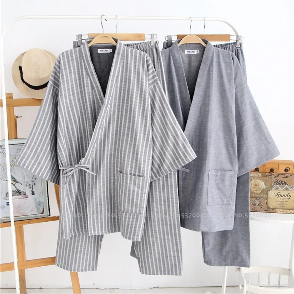 

Men Japanese Kimono Bath Robe Sleepwear Sauna Spa Yukata Haori Aodai Home Nightgown Hanfu Cotton Soft Pajamas Set Tee Tops Pants