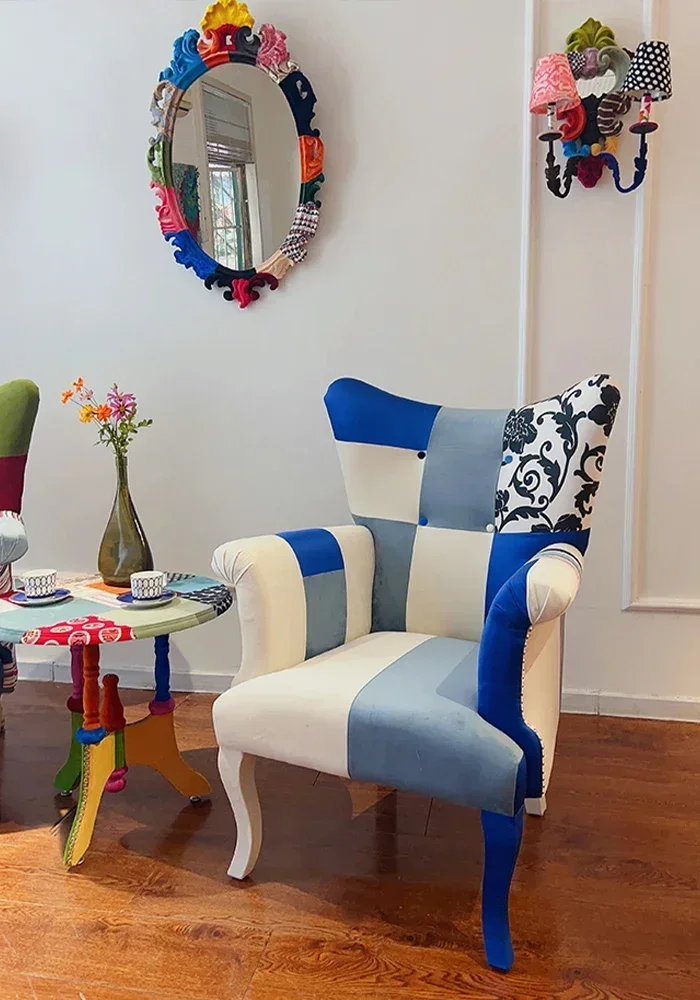 

Mediterranean Blue Fabric Sofa Single Seat Contrast Collage Tiger Chair