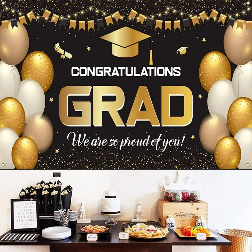 180x115cm Graduation Photography Backdrop Black Gold Congratulations Graduates Background Polyester Celebrate