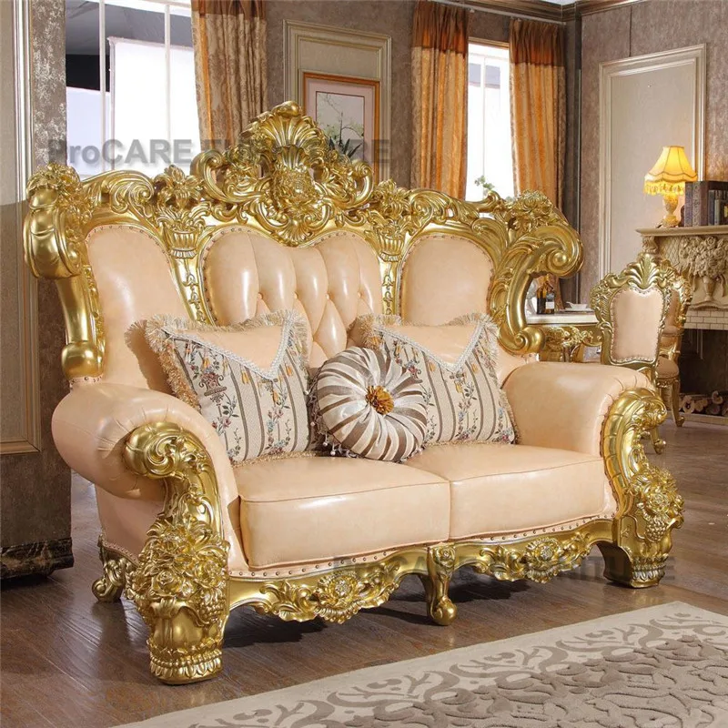 ProCARE Luxury European style sofa high-end villa genuine leather all solid wood double-sided carved living room furniture