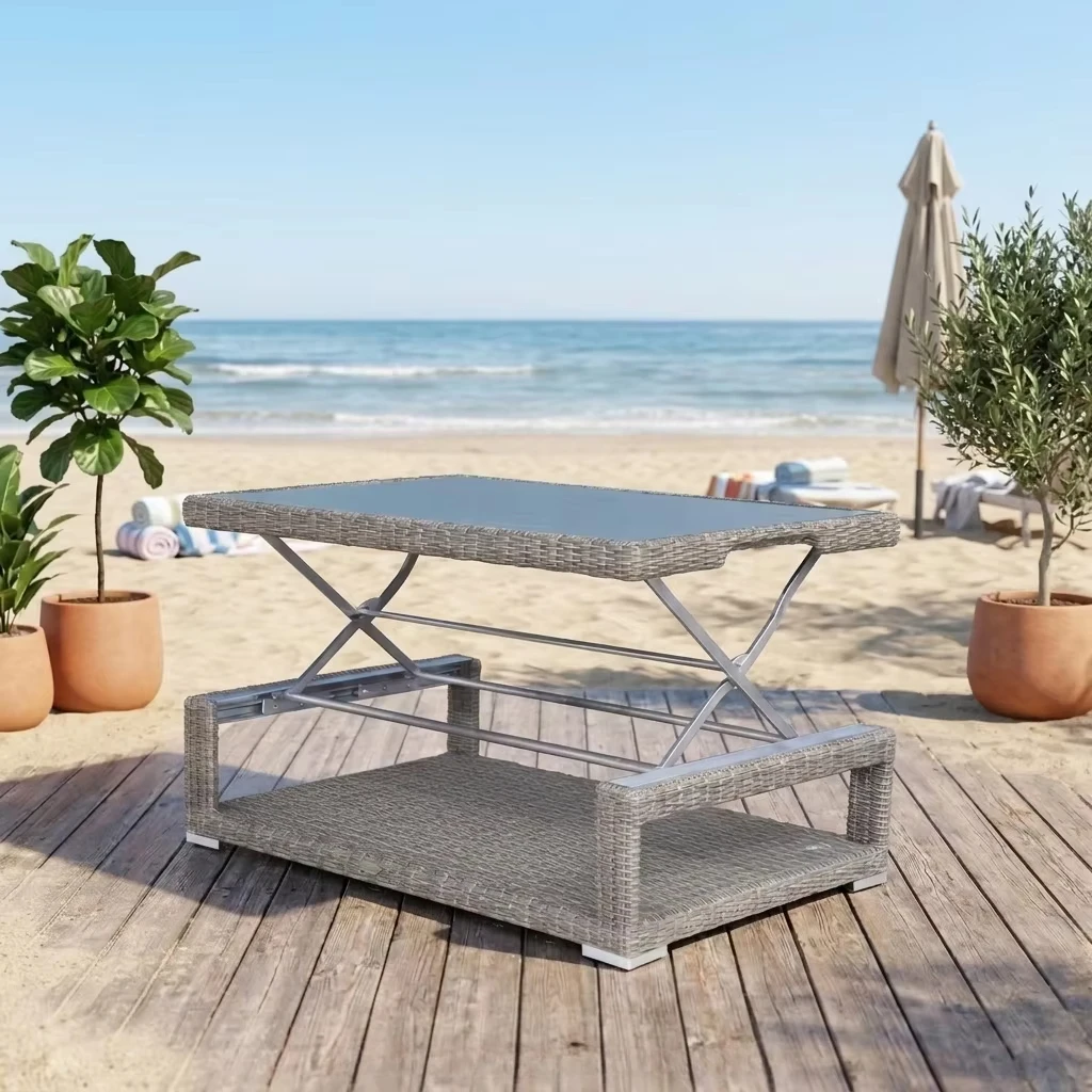 dd- Laval Lift-Top Modern Coffee Table Glass Top Aluminum Frame Rattan Height-Adjustable Outdoor Furniture