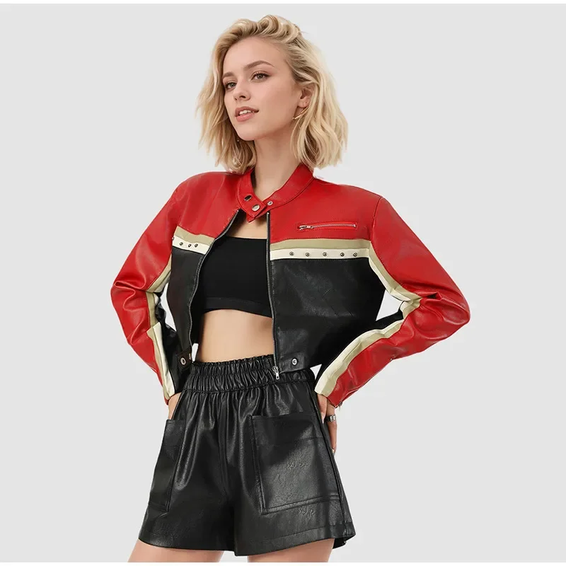 Farbblock-Kontrast-Reißverschlussjacke mit Revers und langen Ärmeln für Damen, kurz geschnitten, tailliert, PU-Obermaterial, ausgefallene, lässige, vielseitige Streetwear-Jacke – Detail 6