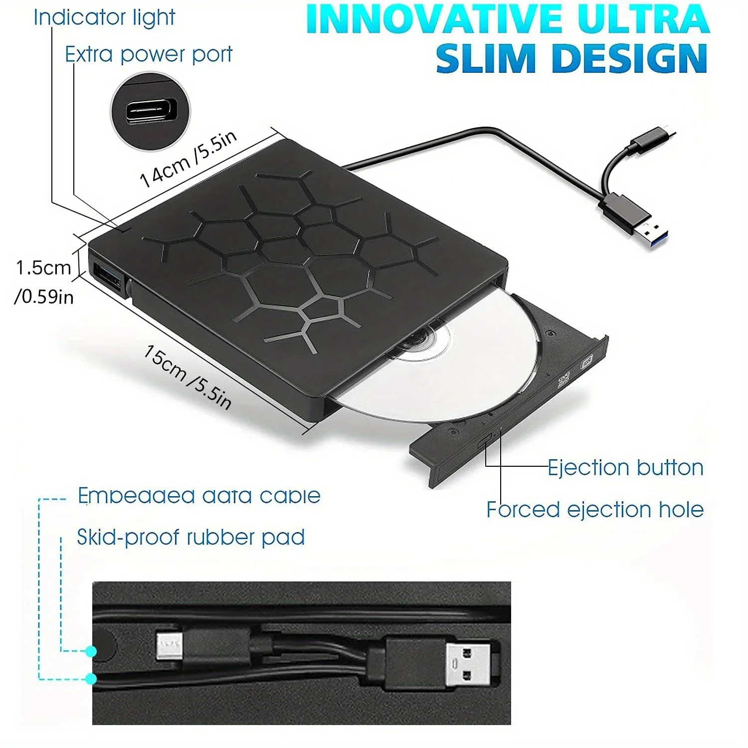 Unidade de CD/DVD externa 8 em 1 - Gravador de CD USB 3.0 para laptop e desktop - Compatível com Mac, Windows 11/10/8/7, Linux