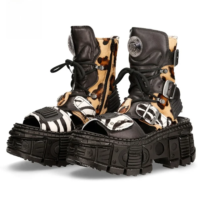

Retro Thick Heel Sandals Women's Summer New Leopard Print Roman Punk Metal Rock Heightening Street Style Unisex Boots