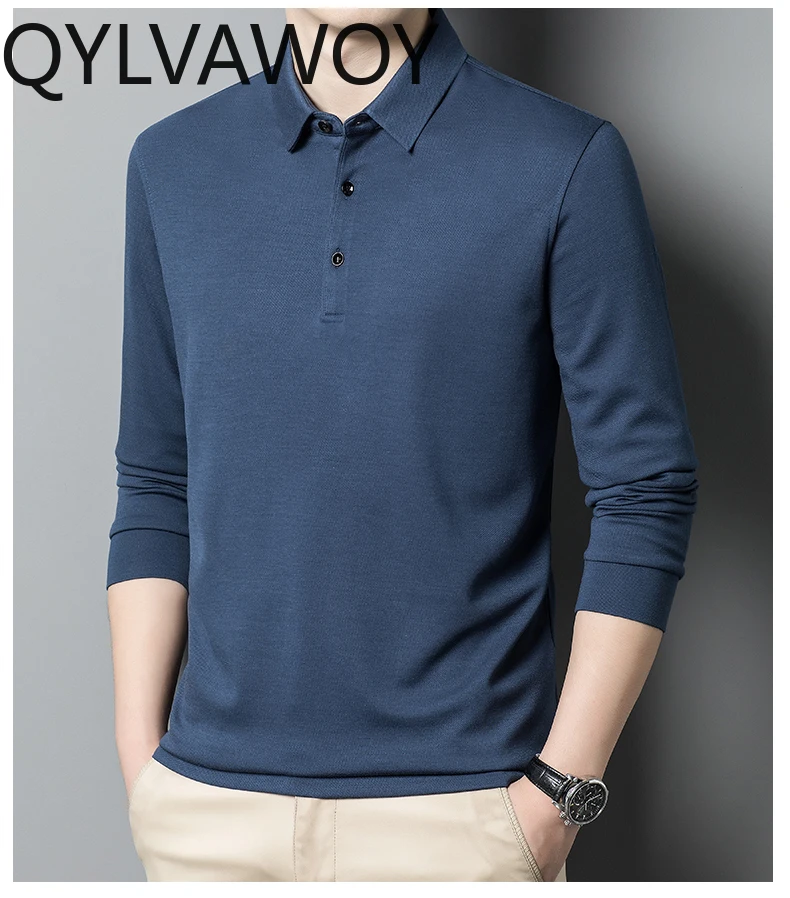 QYLVAWOY 100% Wool Men T-shirt Long Sleeved Man T-shirts Solid Color Autumn Winter Clothes Business Casual Warm Tops Hombre