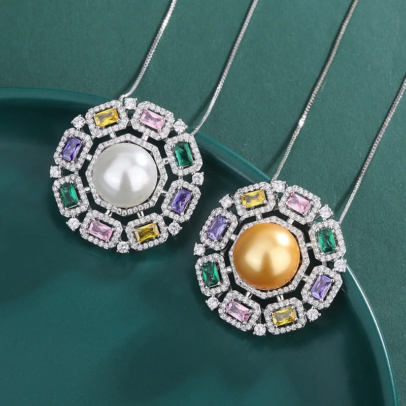 

European and American Retro Style Elegant Round Ring Brilliant Colorful Gemstone Pearl Necklace for Women Sunflower Zircon Mothe