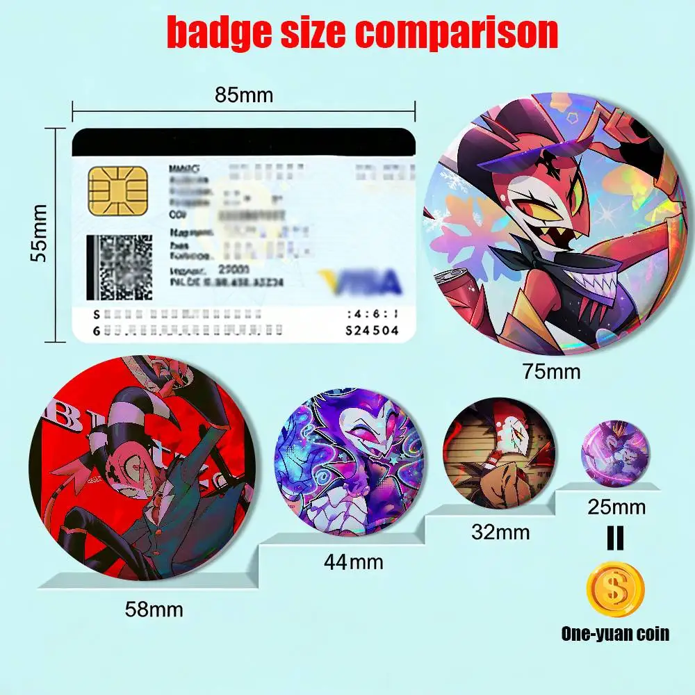 Owl Stolas Helluva Assassination Boss Blitzo Reflective Pin Tinplate Round Brooch Cartoon Cosplay Badges for Bag Hat Toys Gifts