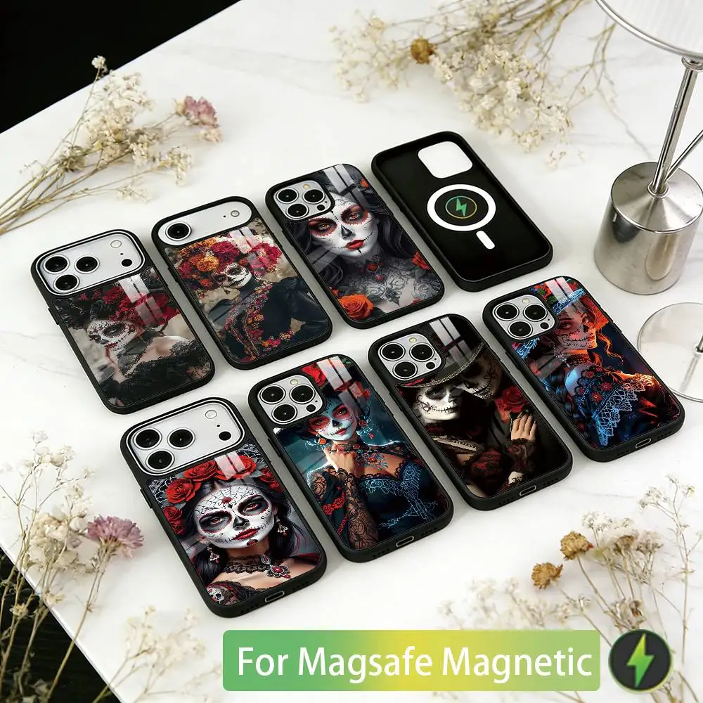 

Mexican Catrina Skull Girl Phone Case For iPhone17,16,15,14,13,12,11 Plus,Pro Magnetic For Magsafe Wireless Charging
