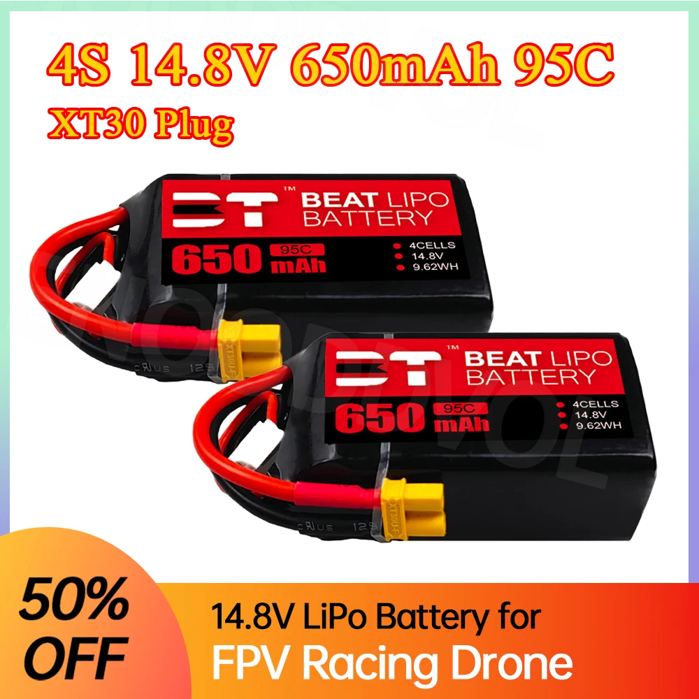 

Аккумулятор LiPo 4S 650 мАч 14.8В 95C с разъемом XT30 для FPV-дронов, радиоуправляемых квадрокоптеров, вертолетов, автомобилей, лодок
