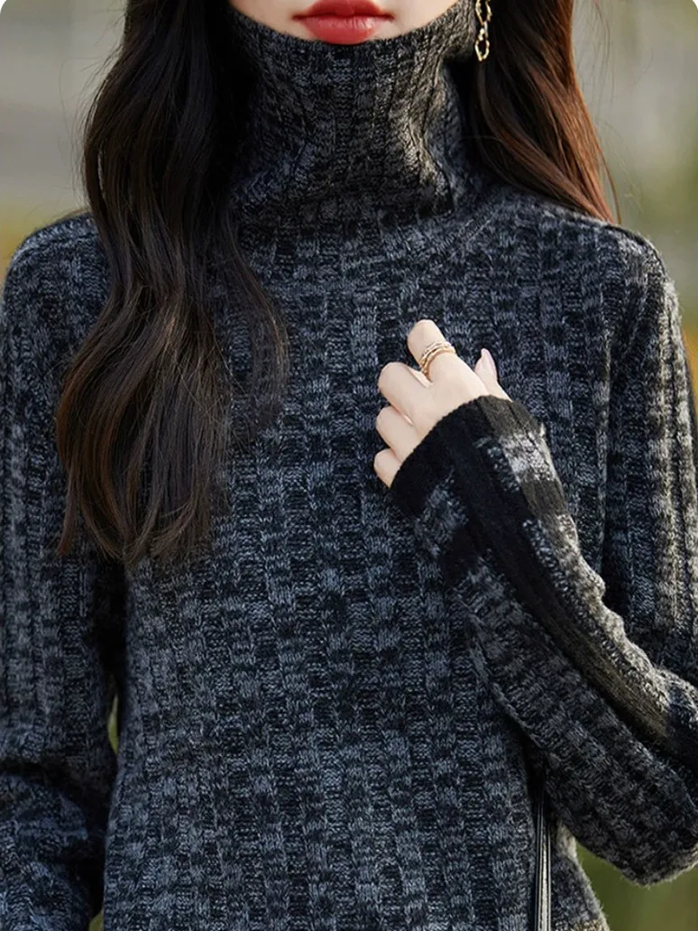 เสื้อสเวตเตอร์ถักคุณภาพสูงสำหรับผู้หญิง ใส่เป็นเสื้อตัวในได้ เหมาะสำหรับฤดูใบไม้ร่วงและฤดูหนาว รุ่นใหม่ล่าสุด ทรงเข้ารูป ผ้าผสมเนื้อนุ่ม แขนยาว คอสูง