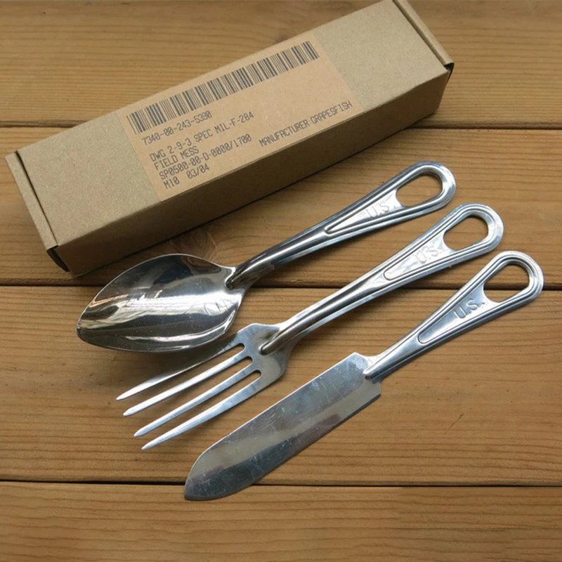 Stainless Steel / Titanium US Army Style U.S. LOGO Pattern Knife Fork Spoon Outdoor Camping Tableware Set Military M1926 Edition