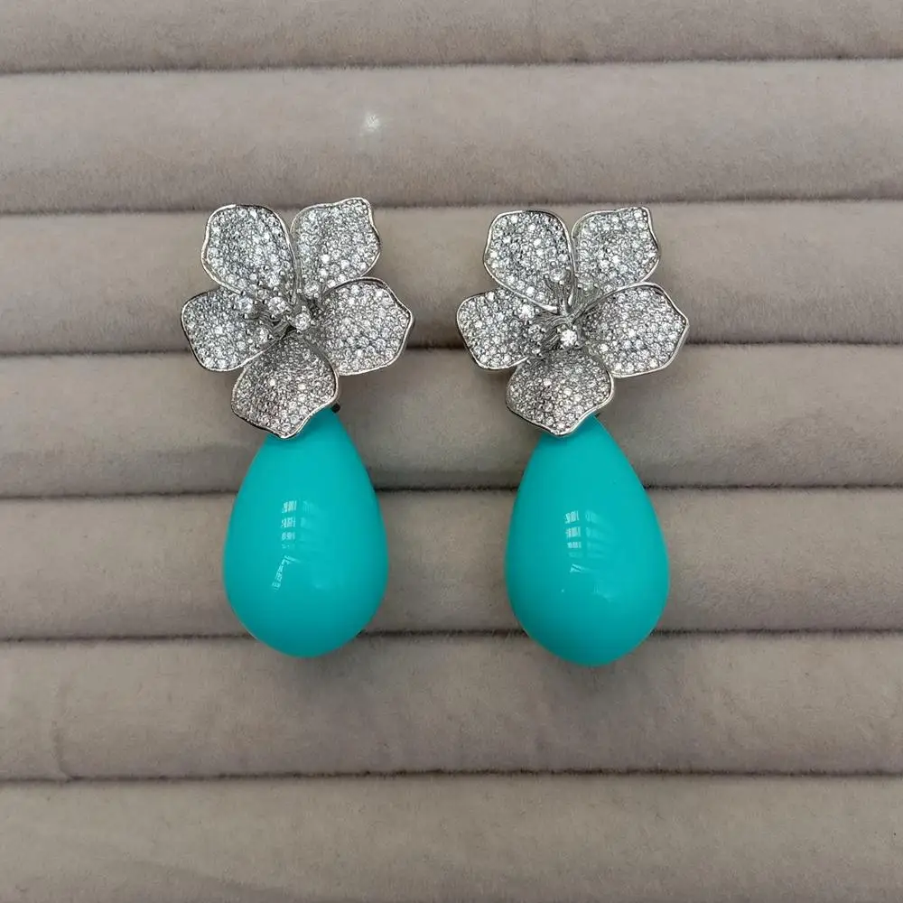 YYGEM 16x27mm Blue Sea Shell Teardrop Cz Pave Flower Stud Gold Plated Stones Earrings Party Elegant Jewelry Dropshipping view 4