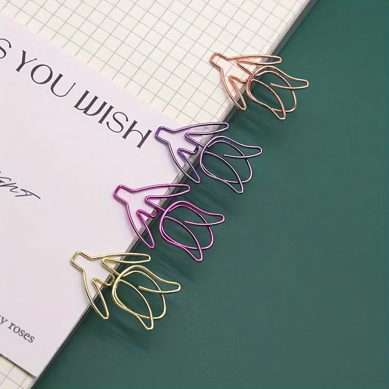 

24pcs Creative Colorful Mixed Tulip-Shaped Paper Clips, Office Sorting Clips, Metal Unusual Curved Pins - Student Supplies