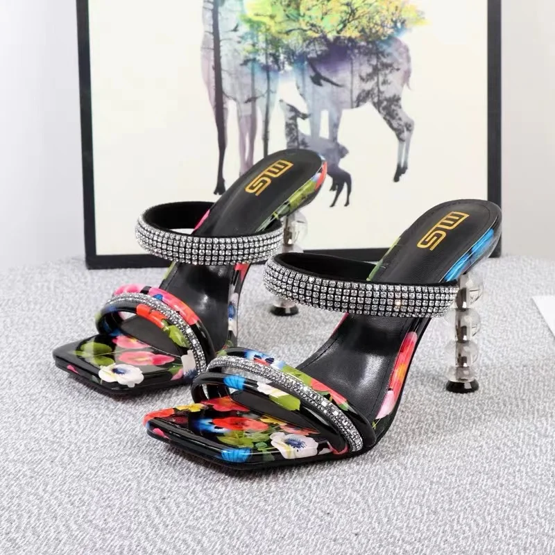 Summer Shoes Women Slippers Thin Heel Floral Printing Sandals Square Toe Glitter Diamonds High Heels Wedding Party Fashion Pumps