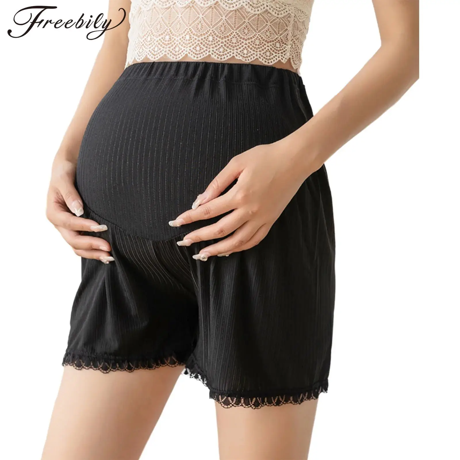 

Pregnant Women Summer High Waist Loose Breathable Safety Shorts Maternity Clothes Daily Solid Color Ice Silk Thin Short Pants