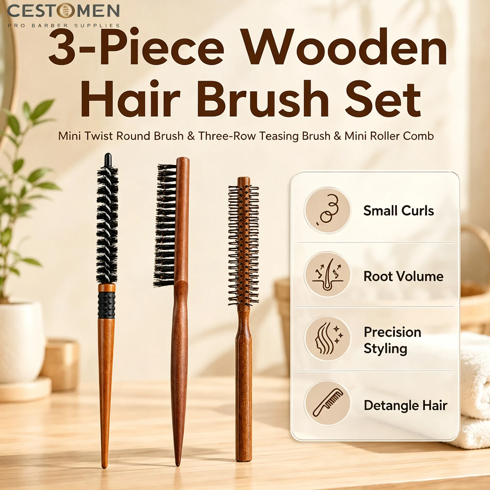 3-teiliges Pro-Haarbürsten-Set mit Holzgriff, Bistle-Toupiertoupet-Kamm, Lockenbürste, Mini-Twist-Rundbürsten für Volumen-Styling an den Haarwurzeln – Detail 2