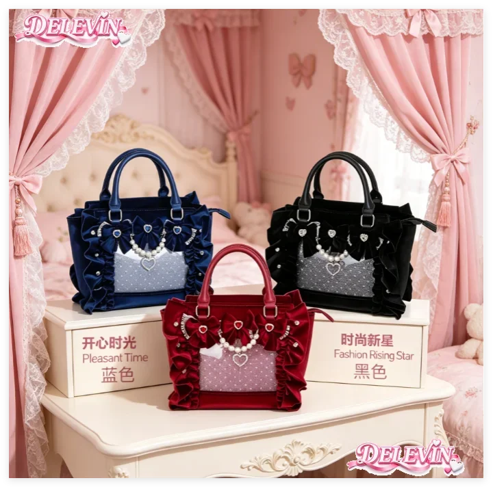 Lolita Velvet Handbag Sweet Girls Bow Rhinestone Casual Handbags Transparent Crossbody Bags for Women Elegant Top-Handle Bag
