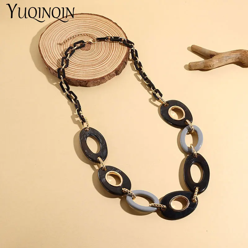 Trendy Large Colorful Resin Chain Necklace For Women Long Round Exaggerated Pendant Necklace Female Bohemia Accessories Vintage