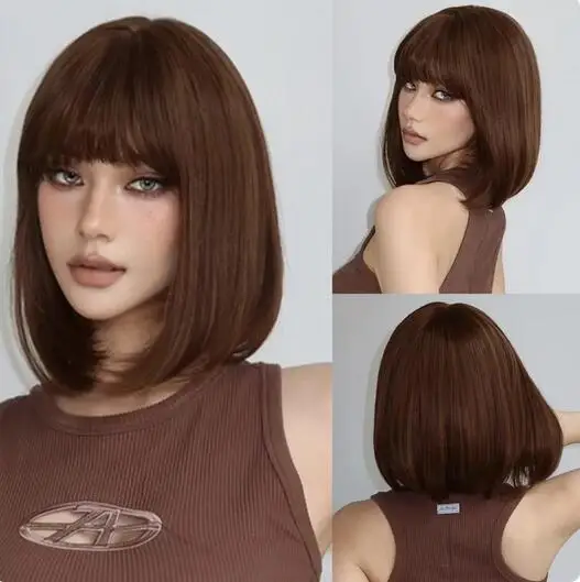 Short Brown Daily Wig with Bangs Natural Party Straight Bobo Synthetic Hair for Women Soft Silky High Density Wig Heat Resistant