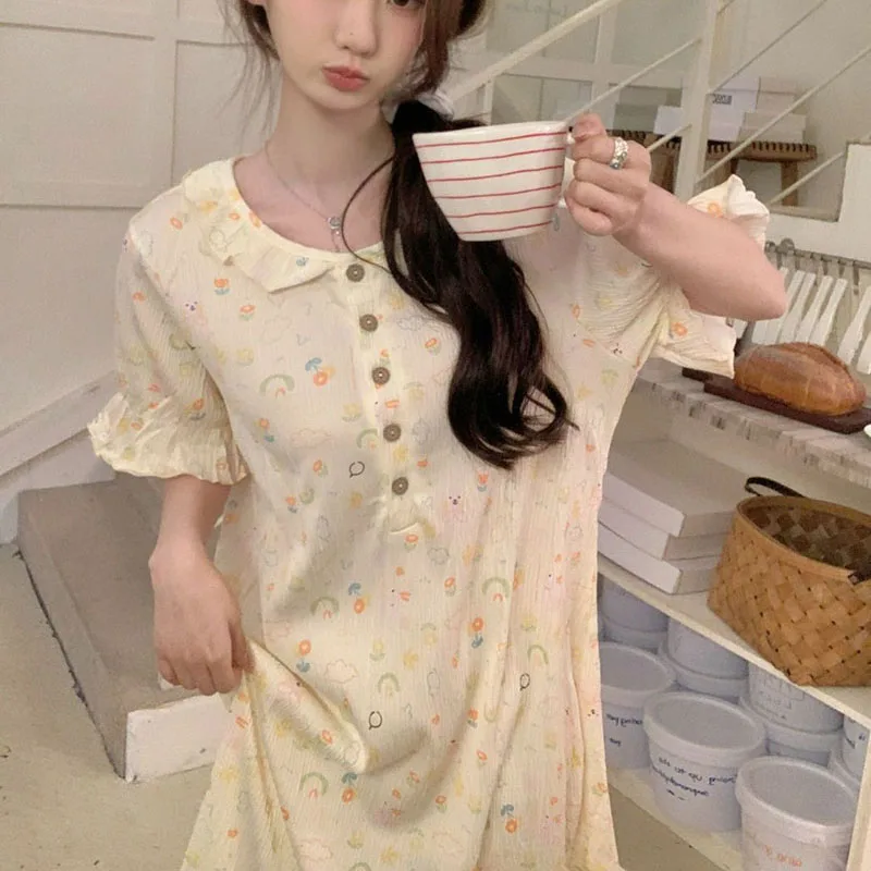 Women Nightgown Floral Print Sleepwear Short Sleeve Night Wears Nightgowns Home Sleeping One Piece Pajamas Dress Robe 2024 New