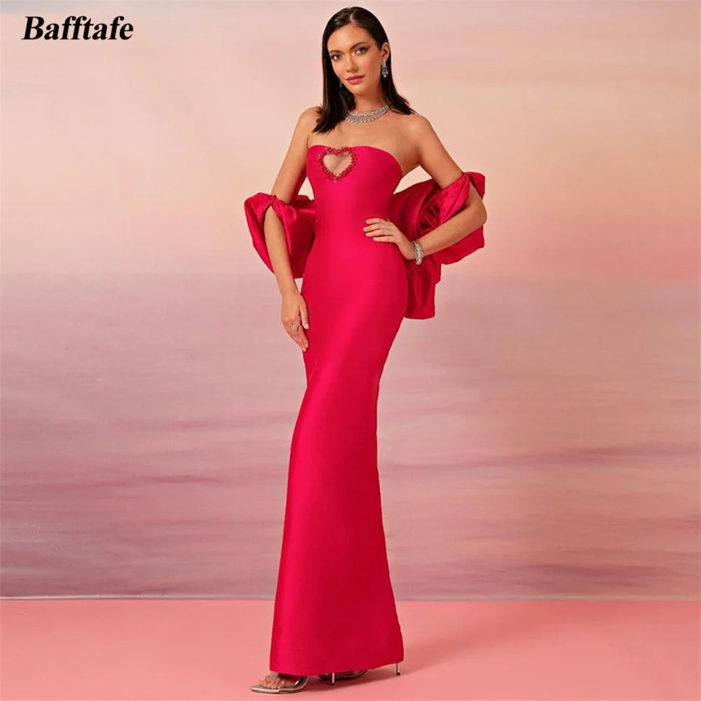 Bafftafe 2 Pieces Red Satin Party Dresses With Wrap Beaded Women Mermaid Formal Evening Gowns Special Wedding Bridesmaid Dress