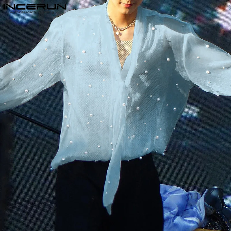 INCERUN Tops 2025 Korean Style Fashion Men\'s See-through Fabric Pearl Decoration Shirts Casual Clubwear Thin Long Sleeved Blouse