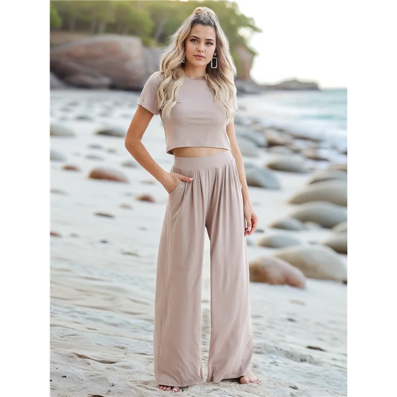 Setelan Kasual Wanita A09P Dua Potong Atasan Lengan Pendek Dan Celana Panjang Lebar Setelan Kasual Serasi