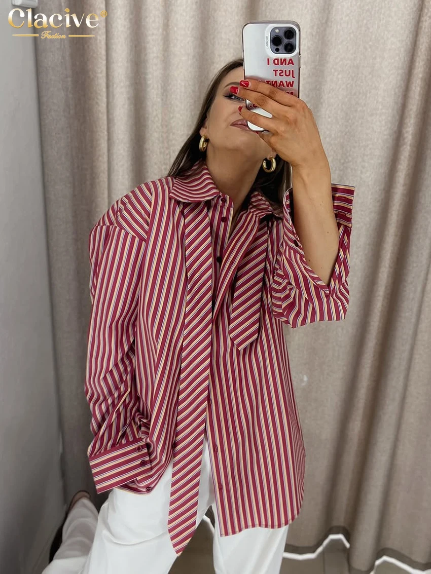 Women's Striped Lace-Up Shirt Blouse - Long Sleeve Lapel Top