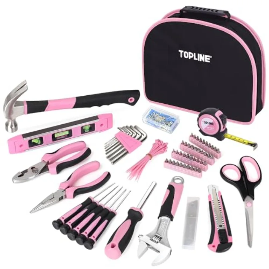 

208-Piece Pink Tool Kits for Women with Round Pouch, Small Tools Kit for Apartment, Home, Household Ladies Pink Tool Set for Be