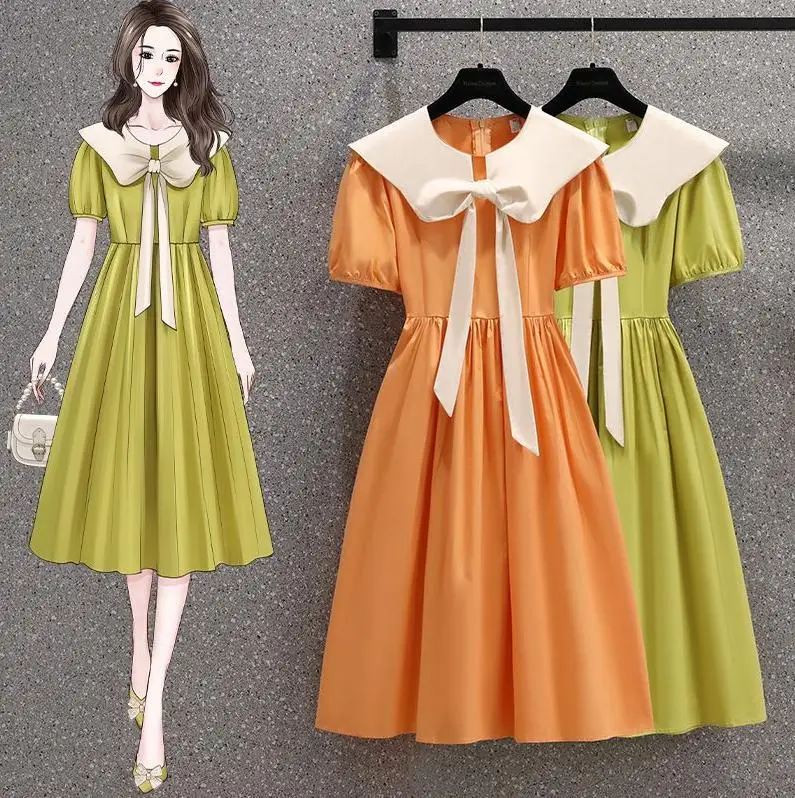 Women T-shirt Dresses Summer Female Doll Collar Short Sleeve Large Size Elegant A Line Orange Green Bandage Polyester Vestidos