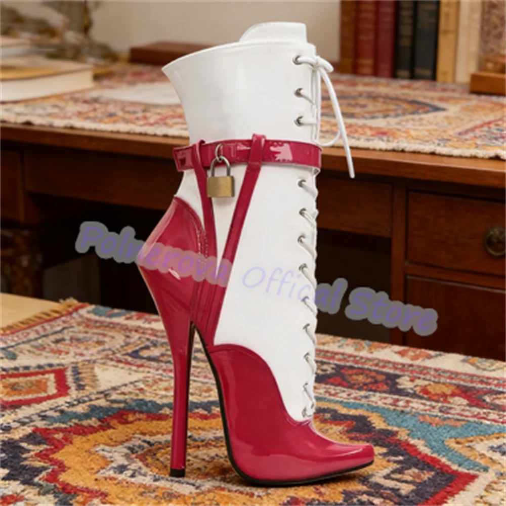 Women Mixed Color Cross-tied Mid-calf Boots Metal Lock Decor Pointed Toe 18cm High Heel Boots Sexy Pole Dance Cosplay Shoes
