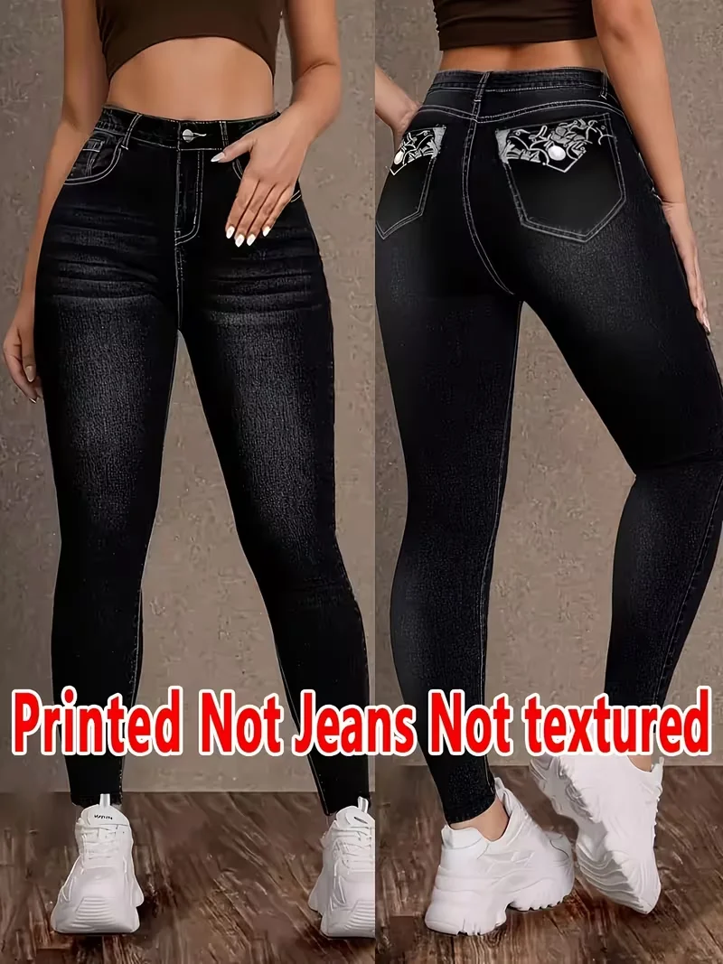 Women High Waist Faux Denim Print Leggings Floral Back Pocket Butt Lift Stretch Skinny Pants Printed Not Jeans Casual Trousers