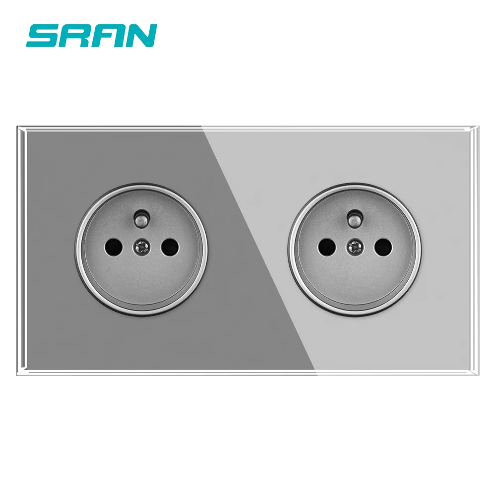 SRAN French multi electrical socket, Full Screen Tempered Glass Panel, AC 110~250V 16A Double french wall socket for home