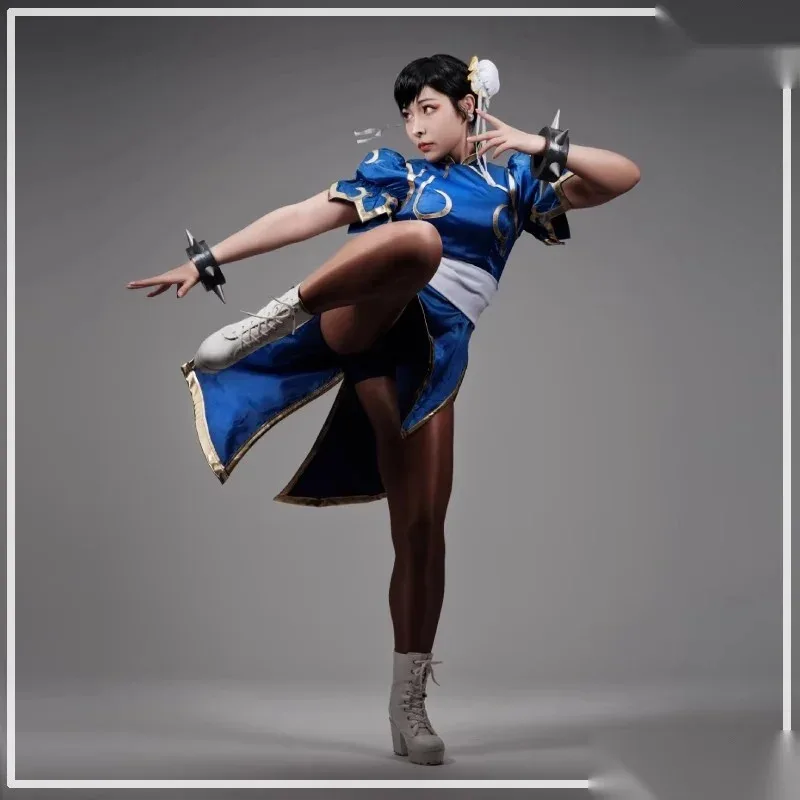 格闘ゲーム SF 春麗コスプレ衣装セクシーなバトルスーツアニメ女性チャイナドレスチョッキかぶとかつらブレスレットセット