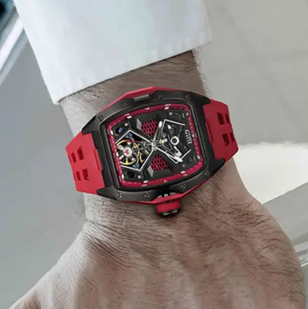 

BONEST GATTI Мужские автоматические часы 46 мм Tonneau Механические наручные часы Скелетон Циферблат 50 м Водонепроницаемые сапфировые светящиеся