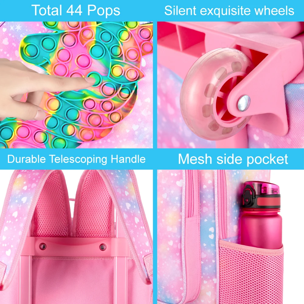 3PCS Rolling Backpack for Girls, Kids Roller Wheels Bookbag, Wheeled School Bag with Lunch Bag - Unicorn Pink