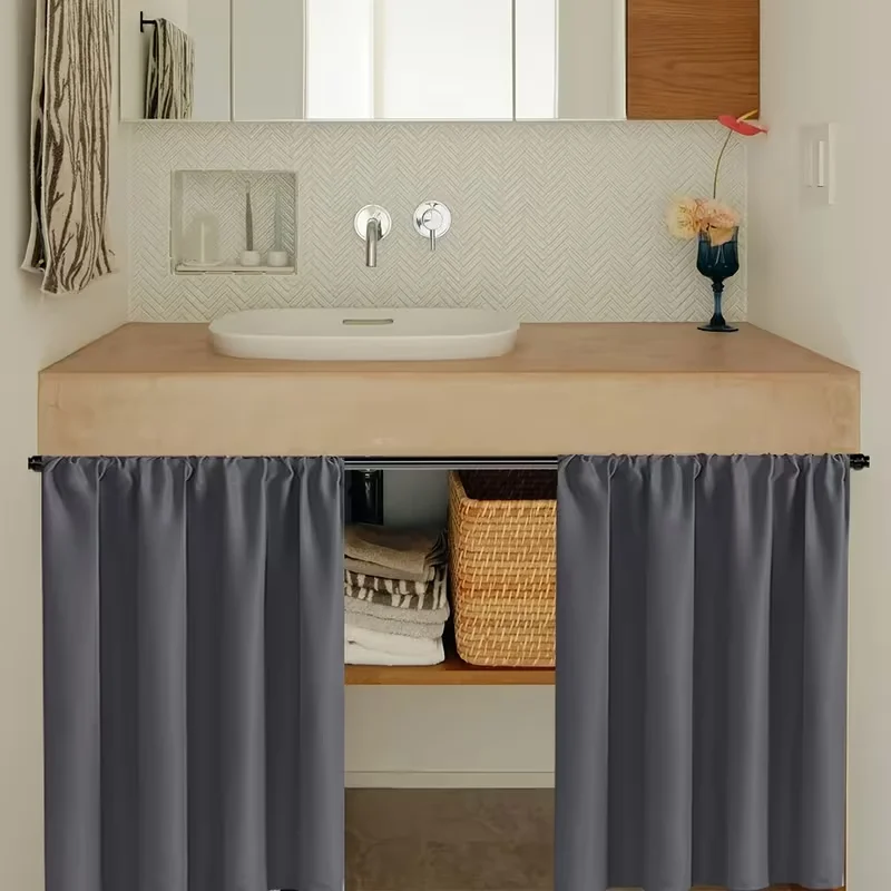 2PC  Waterproof Dustproof Grey Cabinet Curtain, Hide Clutter for Kitchen Sideboard